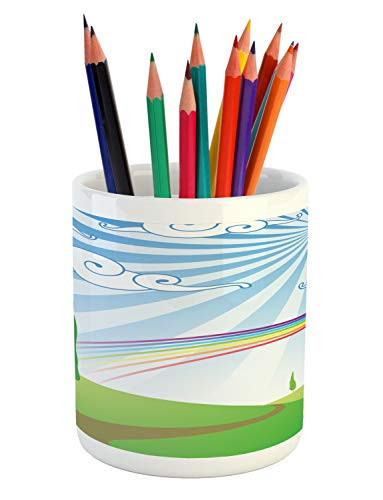 Ambesonne Cloud Pencil Pen Holder  Rainbow on a Meadow with Road and Trees Starburst Stripes in The Sky Spring Season  Printed Ceramic Pencil Pen Holder for Desk Office Accessory  Multicolor