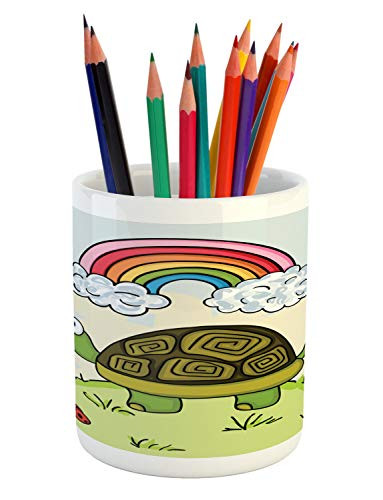Ambesonne Turtle Pencil Pen Holder  Cartoon Animal Looking at a Butterfly on Hill Spring Season Colorful Nursery Doodle  Printed Ceramic Pencil Pen Holder for Desk Office Accessory  Multicolor