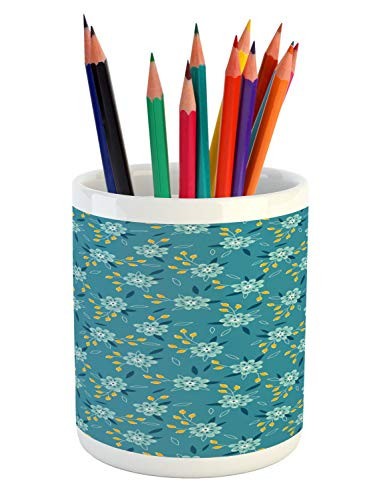 Ambesonne Spring Pencil Pen Holder  Flourishing Blooms Summertime Petals Shabby Leaves Retro Gardening Art  Printed Ceramic Pencil Pen Holder for Desk Office Accessory  Teal Earth Yellow