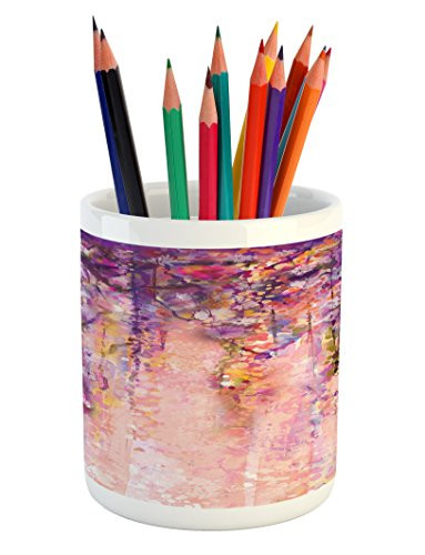 Ambesonne Flower Pencil Pen Holder  Watercolor Painting Effect Wisteria Tree Blossoms Soft Scenic Spring Display  Printed Ceramic Pencil Pen Holder for Desk Office Accessory  Violet Purple Pink