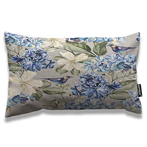AOYEGO Floral Throw Pillow Cover 12x20 Inch Spring Plant Flowers Hydrangea Hibiscus Iris Bird Leaf Rectangle Pillow Cases Home Decorative Cotton Linen Cushion Cover for Bed Sofa Blue Green
