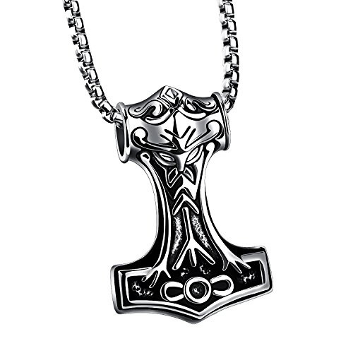 PAURO Men s Stainless Steel Thors Mjolnir Hammer Pendant Necklace Viking Jewelry Silver with Chain PAURO Men s Stainless Steel Thors Mjolnir Hammer Pendant Necklace Viking Jewelry Silver with Chain