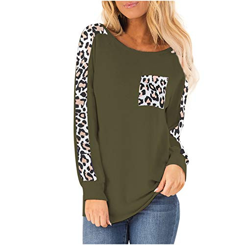 POTO Women Tunic Shirts Long Sleeve Comfy Leopard Print Pullover Tops Patchwork Crewneck Casual Blouse Sweatshirts