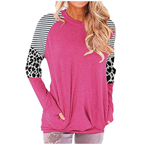 POTO Women s Striped Shirts Long Sleeve Crewneck Pullover Tunic Tops Leopard Patchwork Casual Blouse Tees Hot Pink