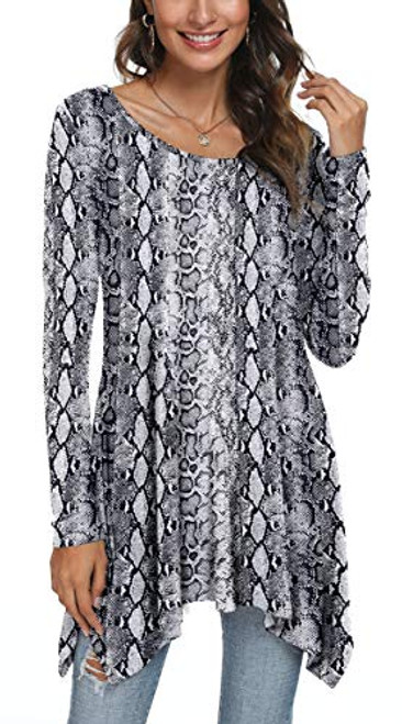 POPYOUNG Womens Fall Long Sleeve Asymmetrical Hem Loose Tunic Tops Flowy Casual Blouses Shirt L  White Snakeshin