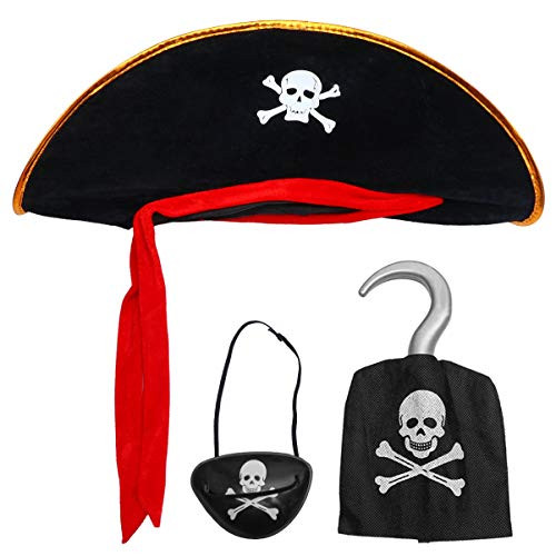 NUOBESTY 3pcs Pirate Hat Skull Print Captain Costume Cap Eye Patch Pirate Ear Ring Hook Pirate Costume Accessories for Caribbean Fancy Dress Supplies Black