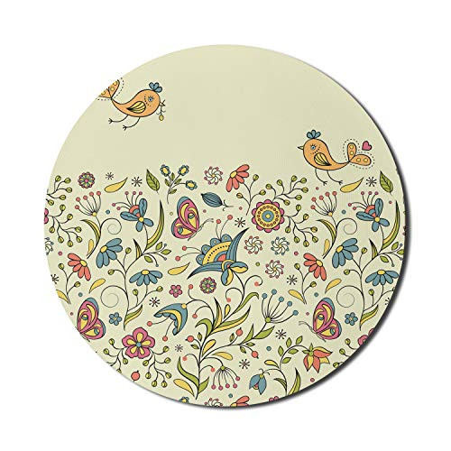 Ambesonne Flowers Mouse Pad for Computers  Flourishing Spring Meadow Ornate Nature Romantic Birds Butterflies Leaves  Round Non-Slip Thick Rubber Modern Gaming Mousepad  8 inch  Round  Multicolor