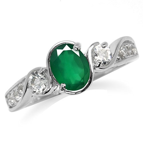 Silvershake Genuine Emerald Green Agate and White Topaz Gold Plated 925 Sterling Silver Engagement Ring Size 7