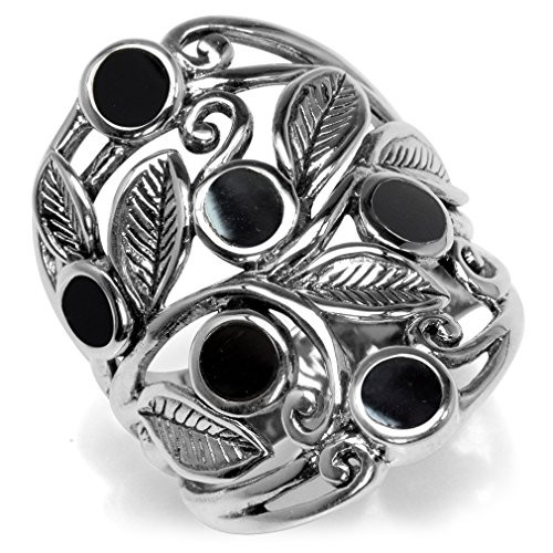 Silvershake Created Black Onyx Inlay 925 Sterling Silver Filigree Leaf Ring Size 9