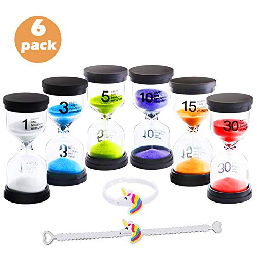 DARUNAXY 6 Pack Sand Timer Colorful Hourglass Sandglass Timer 1 min/3 mins/5 mins/10 mins/15 mins/30 mins Sand Clock Timer for Games Classroom Home Office with 2 Unicorn Bracelets Wristbands