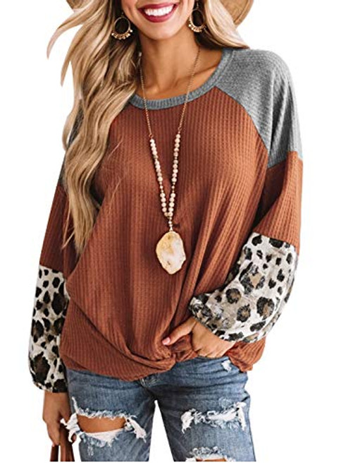 ROSKIKI Womens Casual Tunic Tops Leopard Long Sleeve Waffle Knit Orange Blouse with Twist Knot Loose Shirts Orange XXL ROSKIKI Womens Casual Tunic Tops Leopard Long Sleeve Waffle Knit Orange Blouse with Twist Knot Loose Shirts Orange XXL