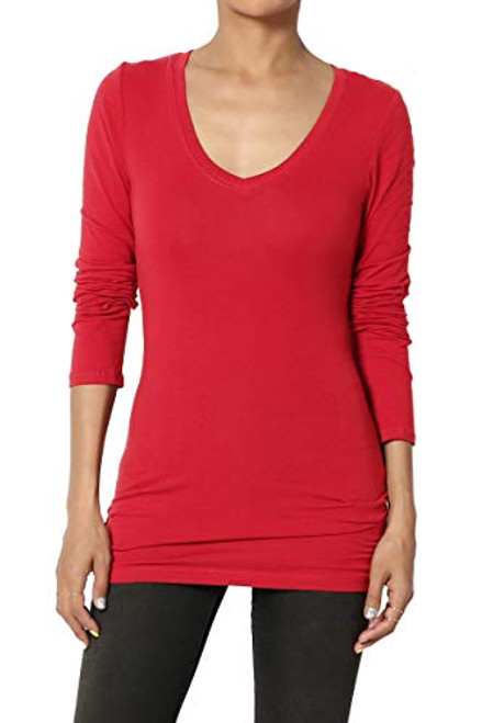 TheMogan Junior s Solid Plain V-Neck Long Sleeve Stretch Cotton T-Shirts Red S
