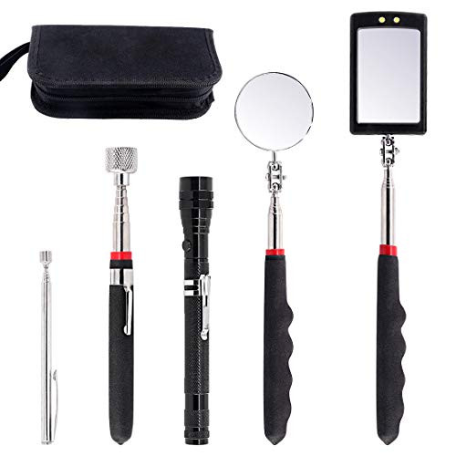 Swpeet 5Pcs Magnetic Telescoping Pick-up Tool Kit with Carry Case  360 Swivel Adjustable Inspection Mirror  15lb and 1lb Pick Up Rod and Telescoping Flexible LED Flashlight  Batteries Included