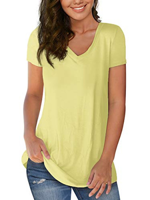 V Neck T Shirts Women Summer Short Sleeve Loose Fitting Cute Tops Light Yellow XL V Neck T Shirts Women Summer Short Sleeve Loose Fitting Cute Tops Light Yellow XL