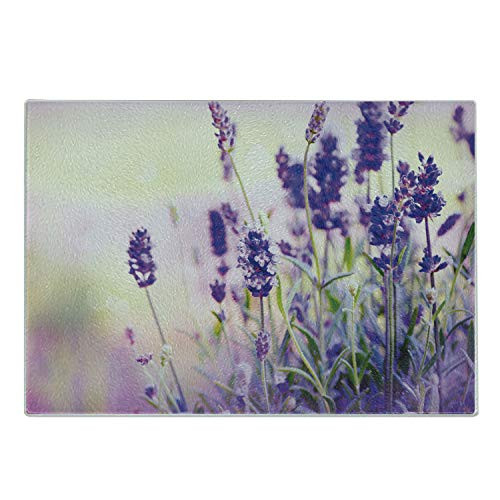 Lunarable Lavender Cutting Board  Dreamlike Spring Day with Fresh Blossoms Aromatic Delicate Wild Flowers  Decorative Tempered Glass Cutting and Serving Board  Small Size  Lavender Lilac