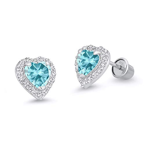 925 Sterling Silver Rhodium Plated Light Blue Heart Cubic Zirconia Screwback Baby Girls Earrings 925 Sterling Silver Rhodium Plated Light Blue Heart Cubic Zirconia Screwback Baby Girls Earrings