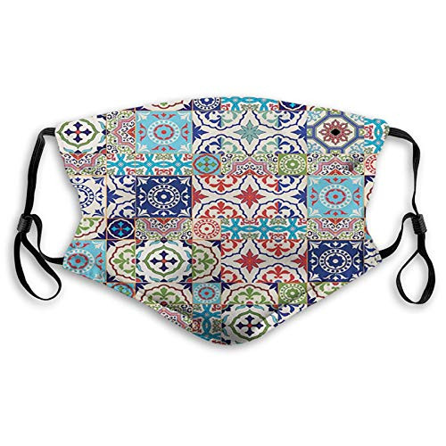 Fillter Face Cloth for Mens and Womens Patchwork Pattern from Colorful Moroccan Tiles Traditional Illustration ?Cold Mouth Dustproof Double Protection S