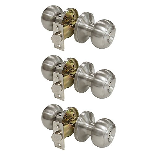 3 Pack Probrico Interior Bedroom Entrance Doorknobs Door Lock One Keyway Entry Keyed Alike Same Key Door Lock Entrance Lockset in Satin Nickel Each with 3 keys