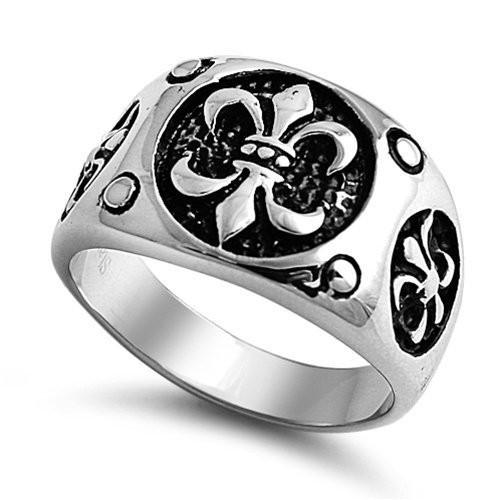 JewelryVolt Stainless Steel Ring Heraldry Fleur-de-lis Signet Polished  and  Oxidized Casting  Circle C 9