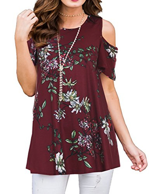 PrinStory Women s Short Sleeve Casual Cold Shoulder Tunic Tops Loose Blouse Shirts Floral Print Wine Red-US X-Large PrinStory Women s Short Sleeve Casual Cold Shoulder Tunic Tops Loose Blouse Shirts Floral Print Wine Red-US X-Large