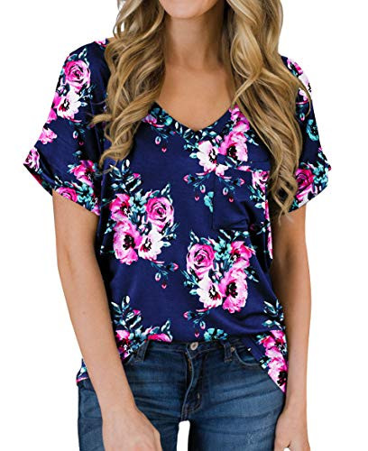 PrinStory Women s Casual Tops Short Sleeve V-Neck Shirts Leopard Print Loose Blouse Basic Tee T-Shirt Printed Flower Navy Blue US Medium