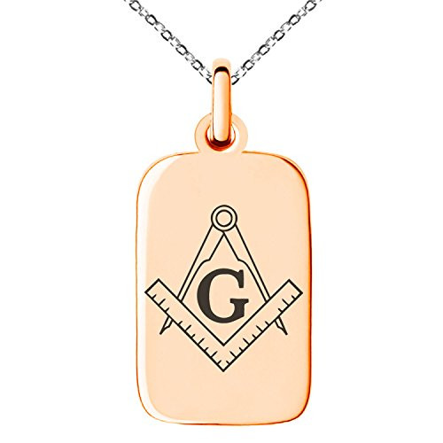 Tioneer Rose Gold Plated Stainless Steel Freemasons Masonic Compass Symbol Small Rectangle Dog Tag Charm Pendant Necklace
