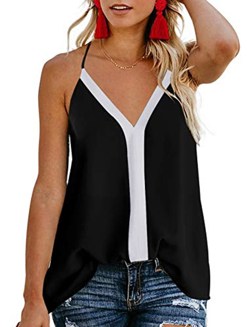 TECREW Women s V Neck Spaghetti Straps Tank Top Colorblock Strappy Sleeveless Blouse Shirts Black TECREW Women s V Neck Spaghetti Straps Tank Top Colorblock Strappy Sleeveless Blouse Shirts Black