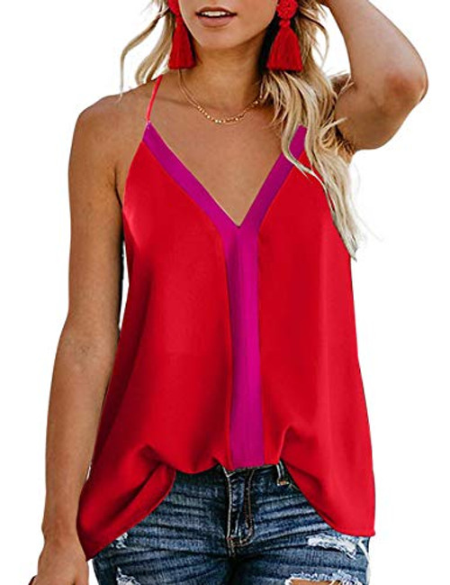 TECREW Women s V Neck Spaghetti Straps Tank Top Colorblock Strappy Sleeveless Blouse Shirts Red TECREW Women s V Neck Spaghetti Straps Tank Top Colorblock Strappy Sleeveless Blouse Shirts Red