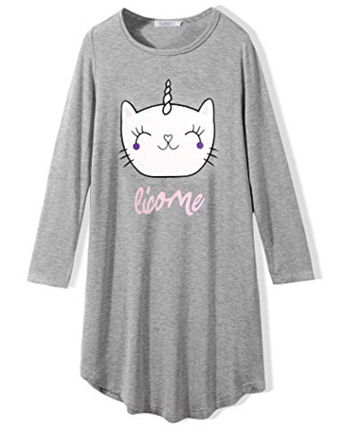 Arshiner Girls Cotton Cat Nightgowns Long Sleeve Nightdress Grey Size 9-10 Arshiner Girls Cotton Cat Nightgowns Long Sleeve Nightdress Grey Size 9-10