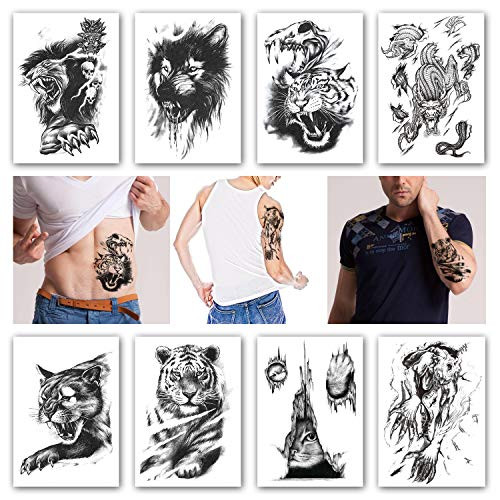 Kotbs 8 Sheets Temporary Tattoos Animals Tiger Skull Leopard Dragon Waterproof Temporary Tattoo Sticker Wolf Animals Tattoos Body Art Arm Hand Men Women Fake Tatoo