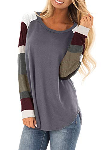 Actloe Women Crew Neck Color Block Long Sleeve Casual Pullover Sweatshirt Loose Tunic Tops Gray Medium