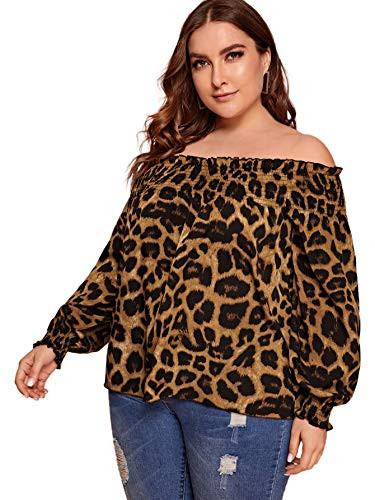 Floerns Women s Plus Size Lantern Sleeve Leopard Print Off Shoulder Blouse Top Multi 1XL