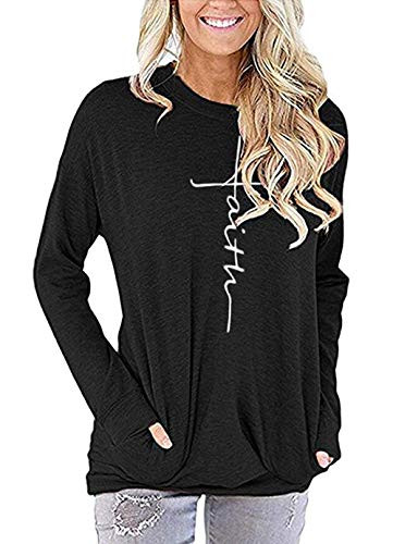 Unidear Women s Casual Faith Print Crewneck Shirts Long Sleeve Tunic Tops with Pockets Black M