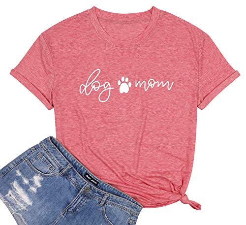 Dog Mom Shirt Women Cute Dog Mama Paw Graphic Tee Funny Dog Lover Shirts Casual Short Sleeve Gift Tops Pink