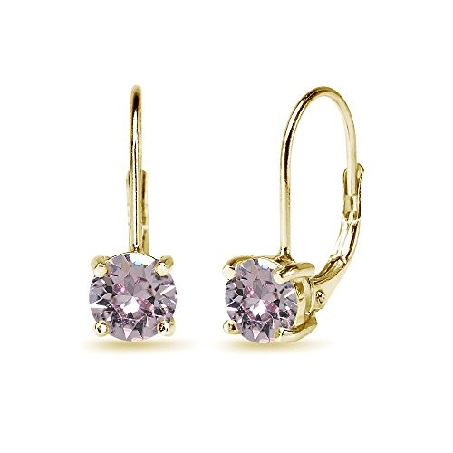 Yellow Gold Flashed Sterling Silver Pink Round-cut Leverback Earrings Made with Swarovski Crystals Yellow Gold Flashed Sterling Silver Pink Round-cut Leverback Earrings Made with Swarovski Crystals