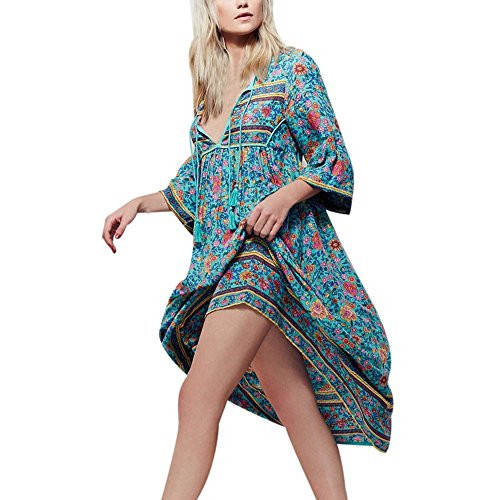 UOFOCO Women Floral Printed Boho Long Dress Ladies Long Sleeve Evening Party Maxi Dress Blue UOFOCO Women Floral Printed Boho Long Dress Ladies Long Sleeve Evening Party Maxi Dress Blue