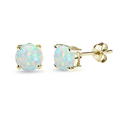 Yellow Gold Flashed Sterling Silver Synthetic White Opal 6mm Round Stud Earrings