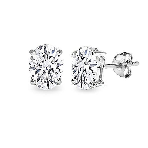 Sterling Silver AAA Cubic Zirconia 8x6mm Oval-Cut Stud Earrings
