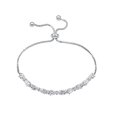 WeimanJewelry Real Gold Plated Adjustable Teardrop and Round Cut CZ Cubic Zirconia Bridal Chain Bracelet for Women  Silver