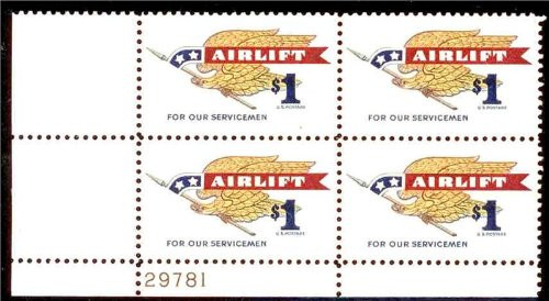 USA 1968 1-Dollar Airlift Plate Block of 4 Postage Stamps Catalog No 1341 USA 1968 1-Dollar Airlift Plate Block of 4 Postage Stamps Catalog No 1341