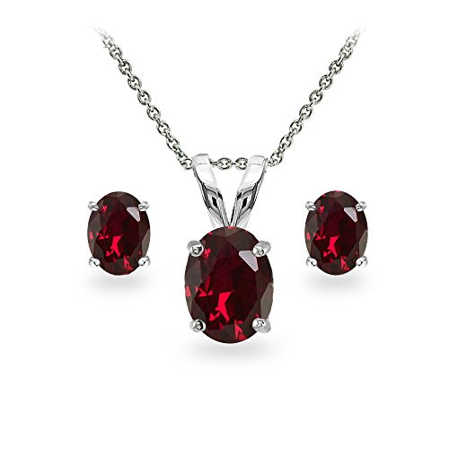 GemStar USA Sterling Silver Synthetic Ruby Oval-Cut Solitaire Necklace and Stud Earrings Set