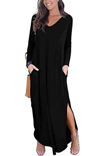 Women Casual Loose Pocket Fall Long Dress Long Sleeve Split Maxi Dresses Blacklong M