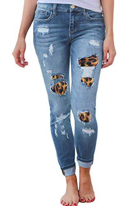 Jumojufol Women s Leopard Patch Jeans Denim Pants Ripped Skinny Stretchy Blue XL