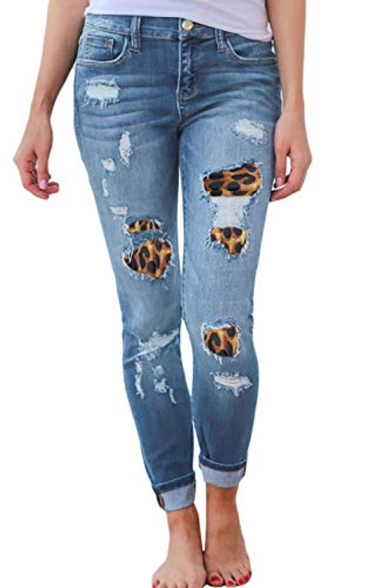 Vemubapis Women s Skinny Jeans Leopard Print Slim Fit Comfy Stretch Skinny Jean Blue XL