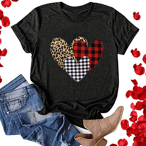 T Shirts for Women Buffalo Plaid Heart Top Valentine s Day T Shirt Short Sleeve Cute Graphic Print Tee
