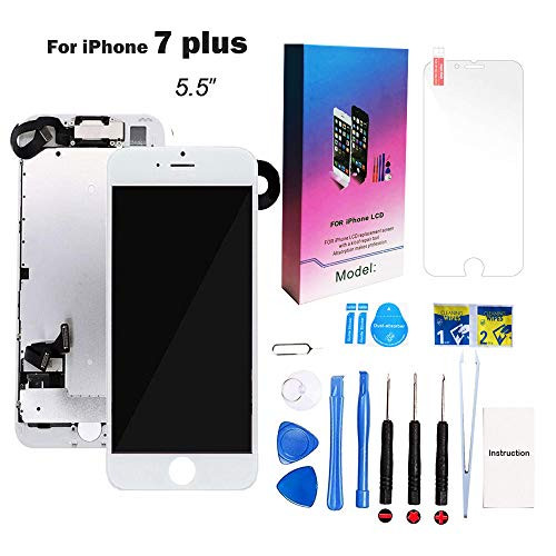 for iPhone 7 Plus Screen Replacement Kit White 5.5" LCD Display for iPhone 7 Plus Replacement Touch Screen Digitizer Full Assembly + Front Camera + Earpiece + Repair Tools + Screen Protector (White)