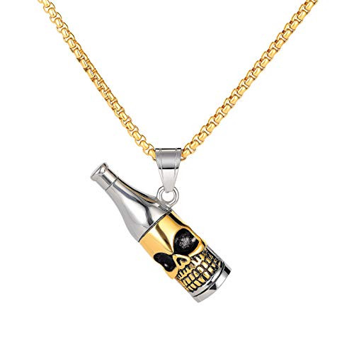 Heavstjer Punk Stainless Steel Skull Pendant Wine Bottle Necklace Gold