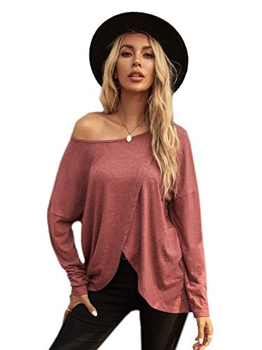 Milumia Women s Casual Drop Shoulder Long Sleeve Blouse Asymmetrical Hem Solid Tops Redwood Large