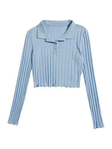 Floerns Women s Lettuce Trim Shirt Slim Fitted Long Sleeve Crop Tee Tops Baby Blue S