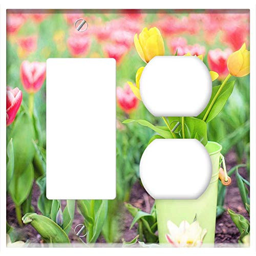 2-Gang  Rocker GFCI Outlet Combination Wall Plate Cover - Spring Flowers Yellow Tulips Pink Tulips Spring